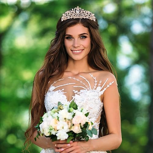 Miniatura 3 de Juego de tiara de banda de reina y diamantes de imitación de oro rosa para mujer, decoración de cumpleaños, diadema de diamantes de imitación para