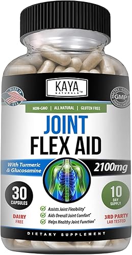 Kaya Naturals Joint Flex Aid  Suplemento de apoyo articular para hombres y mujeres  Cápsulas de cúrcuma con sulfato de glucosamina, Boswellia