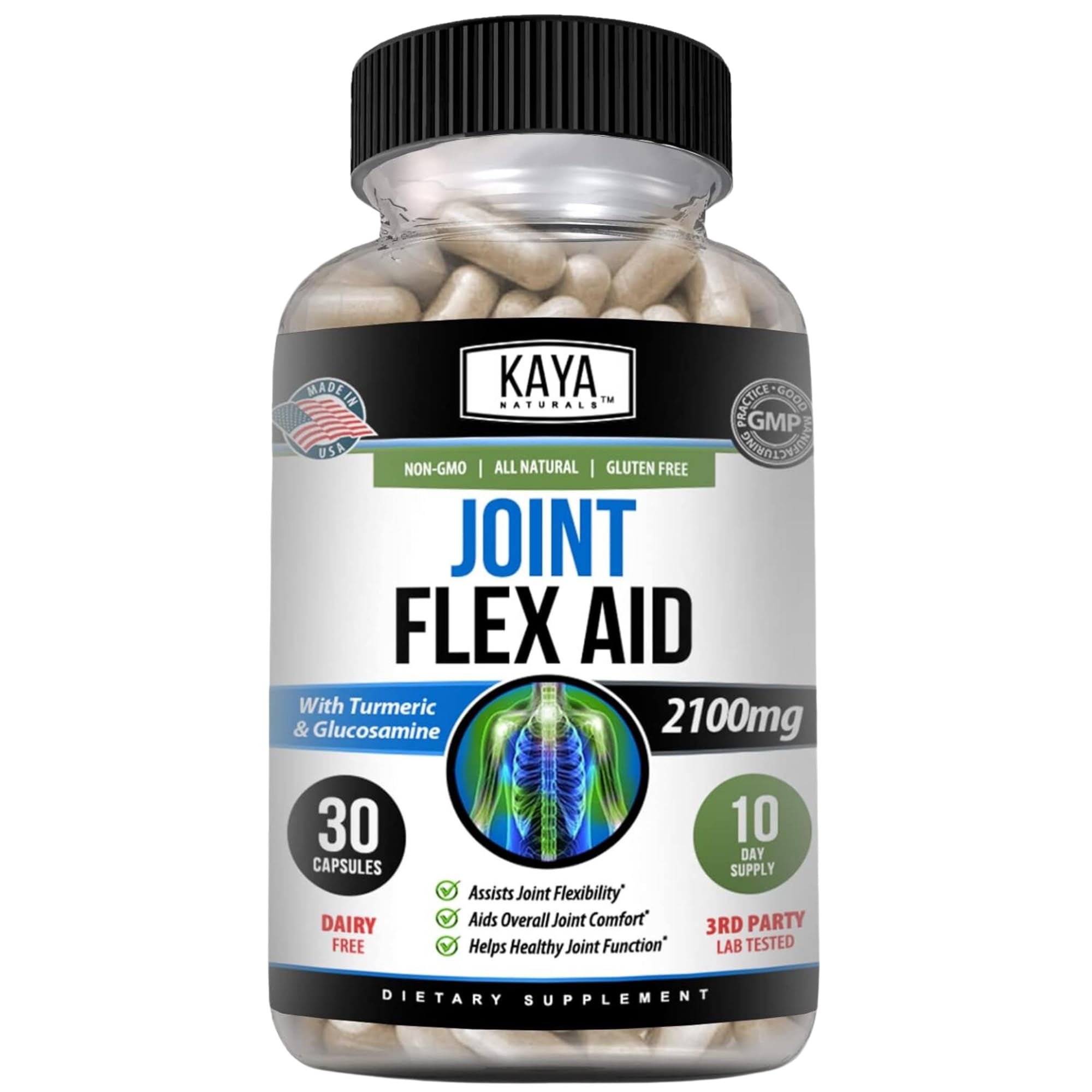 Kaya NaturalsMobility Flex Aid - Mobility Support Supplement for Men and Women - Turmeric Capsules with Glucosamine Sulfate - for Knee Support and Mobility Health - 30 Count