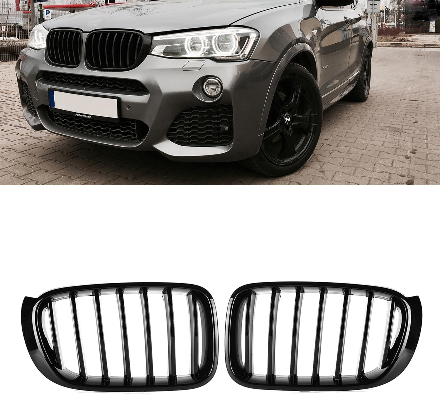 GSRECY X3 Grille, Gloss Black Single Slat Kidney Grille Grill Compatible with BMW 2014-2017 X3 F25 2014-2018 X4 F26, LCI Model