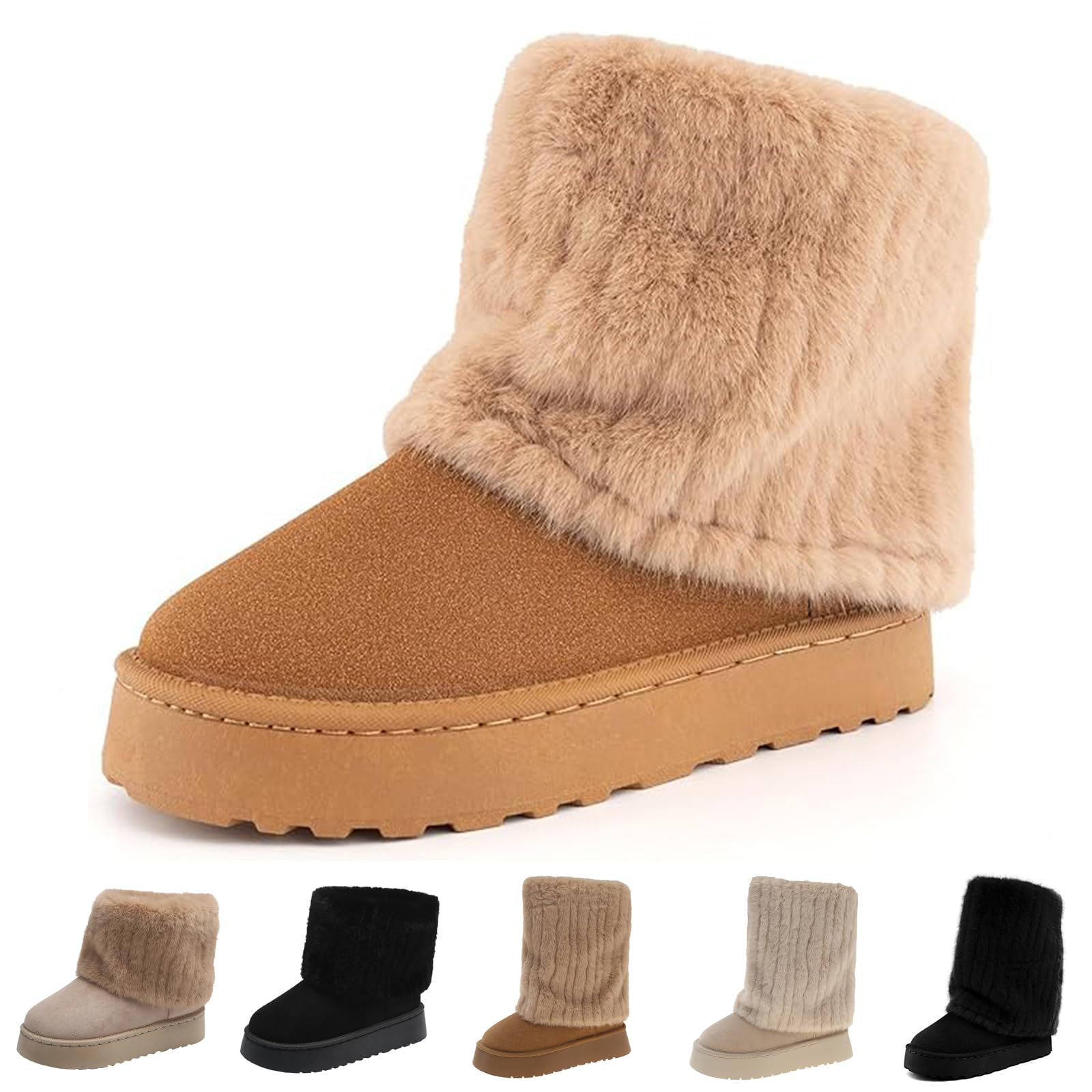Womens Faux Fur Mid Calf Snow Boots - Round Toe Suede Warm Fur Lined Platform Flat Comfort Outdoor