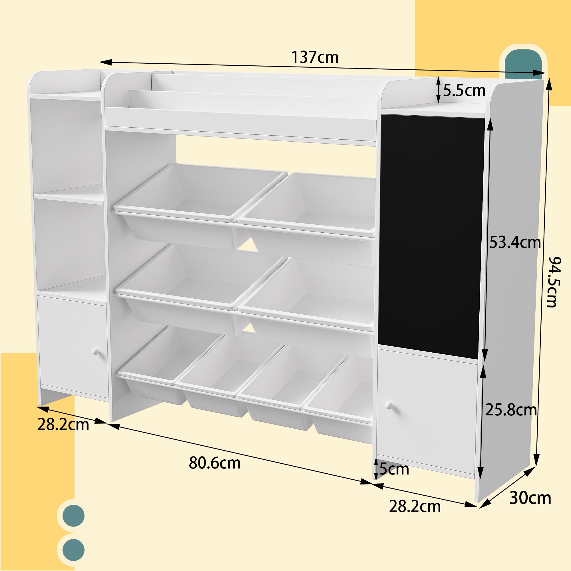 PerGar Bücherregal Kinder, Spielzeug-Organizer, Multifunktionale Ablage mit 8 Aufbewahrungsboxen, mit Tafel, Aufbewahrung von Büchern & Spielzeug im Kinderzimmer, Weiß, 137×94.5×30cm