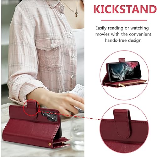 Miniatura 3 de UEEBAI Funda tipo cartera para Samsung Galaxy S22 Ultra 5G, piel sintética con cierre magnético, bolsillo con cremallera, ranuras para tarjetas con
