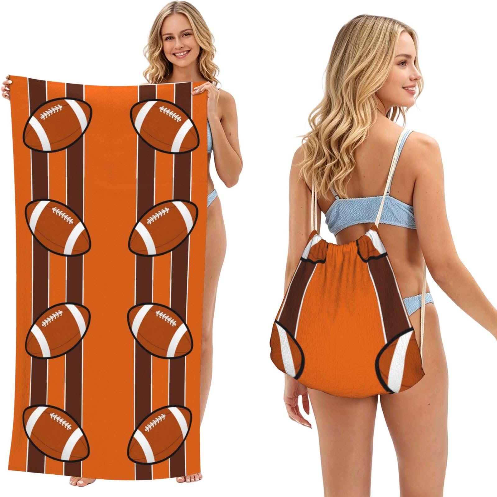 Poadnly Four Striped Rugby, 2 in 1 Packable Towel Bag, Beach Towels with Drawstring Backpack for Travel Holiday Camping