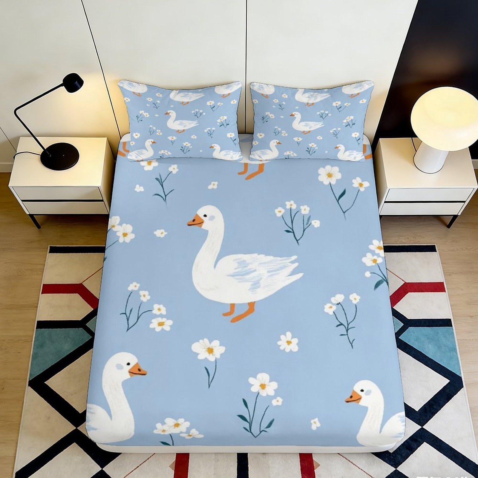 Jqzkxnhpbr Style-3 3D Printed Goose Flower Fitted Sheet Microfiber Soft Blue Duck Bed Cover Non-Slip Mattress Protector Bedroom Dorm Decor 90X200x25cm