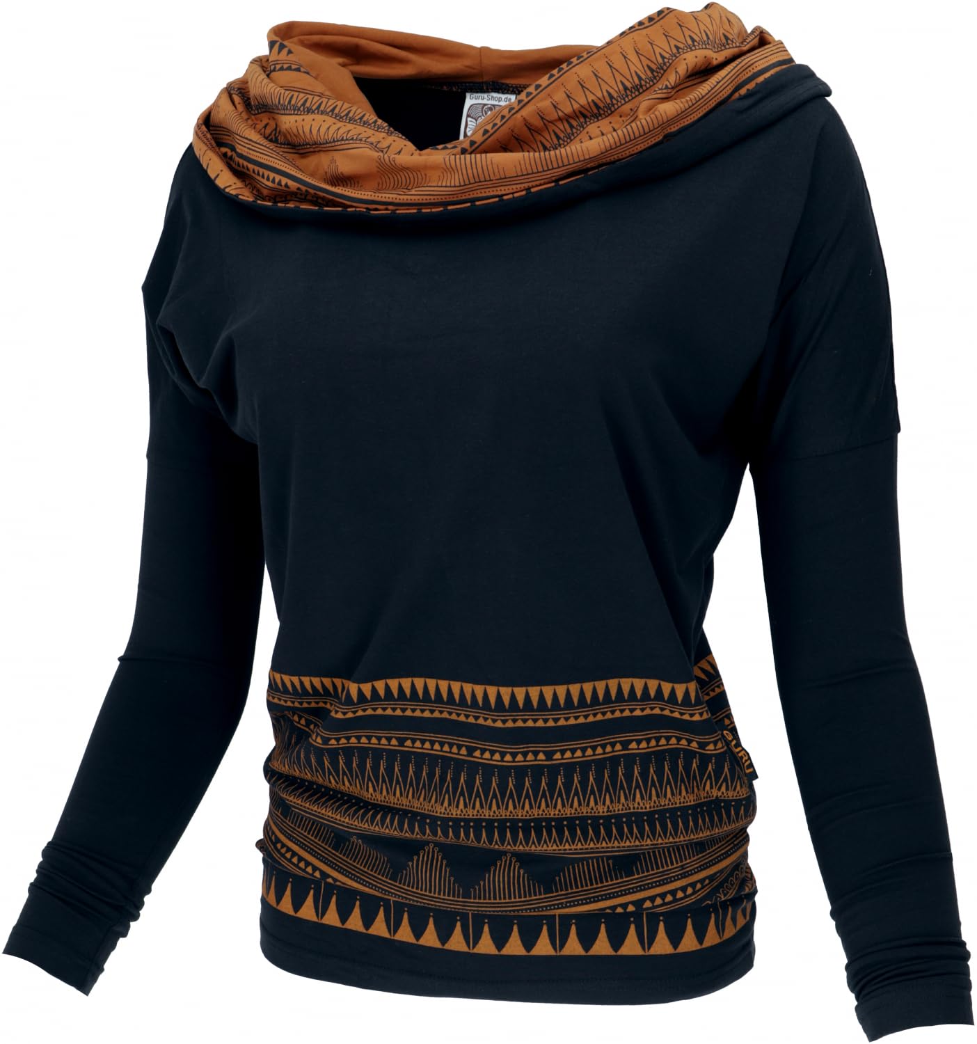 Guru-Shop, Camicia Lunga Sciolta in Cotone Organico, Camicia Boho con Cappuccio a Scialle, Nero, Dimensione