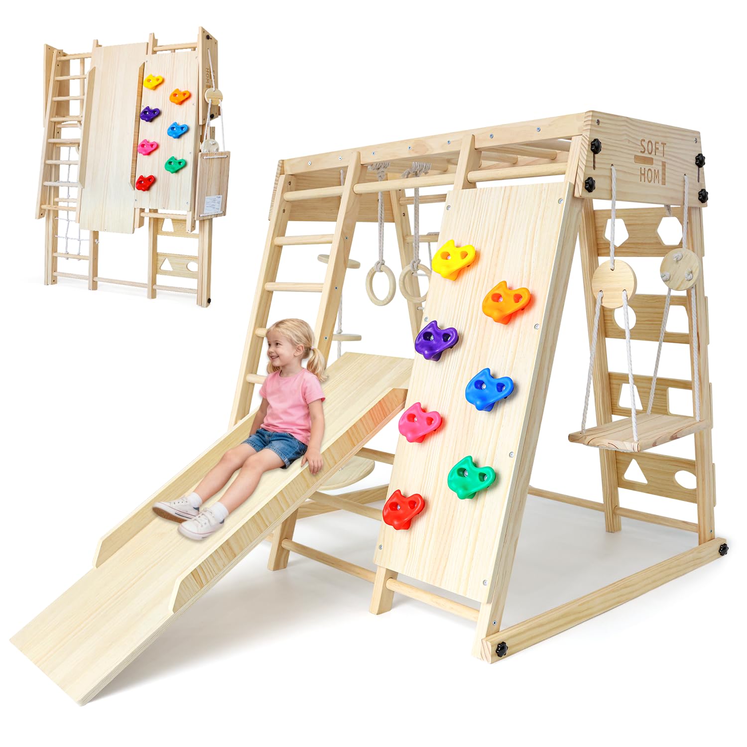 Maxi Telaio da Arrampicata per Interni, 10 in 1 Multifunzionale Telaio da Arrampicata per Bambini, Montessori Parco Giochi, Skateboard, Oscillazione, Parete da Arrampicata, Rete da Arrampicata