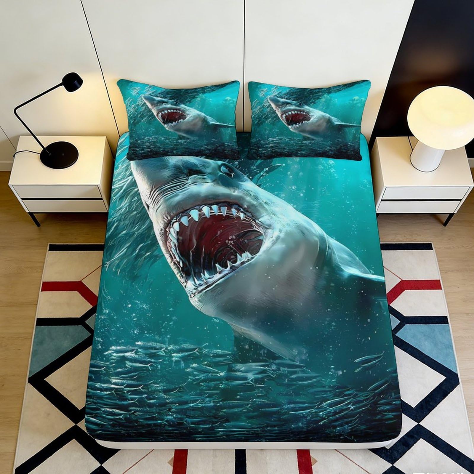 3D Printed Shark Design Fitted Sheet Microfiber Soft Breathable Ocean Scene Mattress Cover for Bedroom Dormitory Guest Room Mattress Protection Decor 120x200x25cm