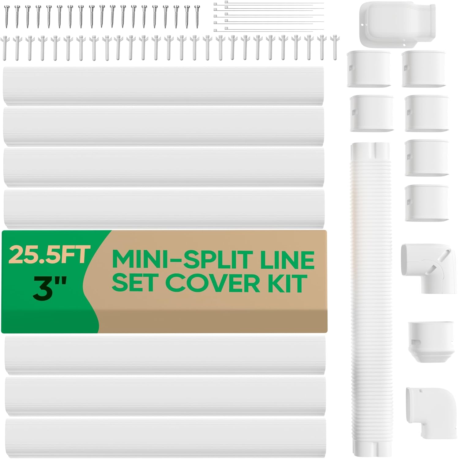 3" 25.5Ft Mini Split Line Set Cover, PVC Ductless Air Conditioner Decorative Pipe, Pump Covers, AC Line Cover Kit, for Outside Units Air Conditioners & Heat Pumps, All in One Set