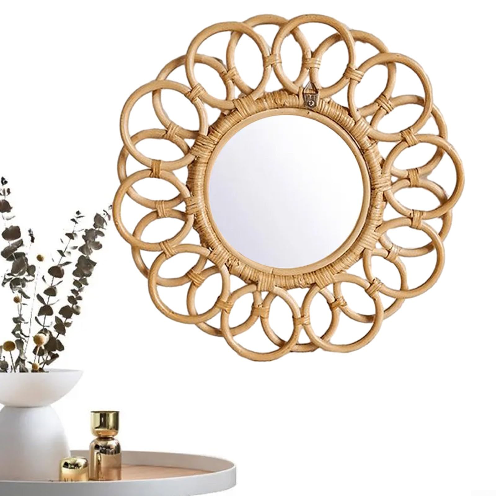 YUANGANG Espejo de ratán decoración de pared de ratán espejos decorativos tejidos a mano espejo redondo hecho a mano espejo de pared de mimbre decorativo para sala de estar dormitorio (A)