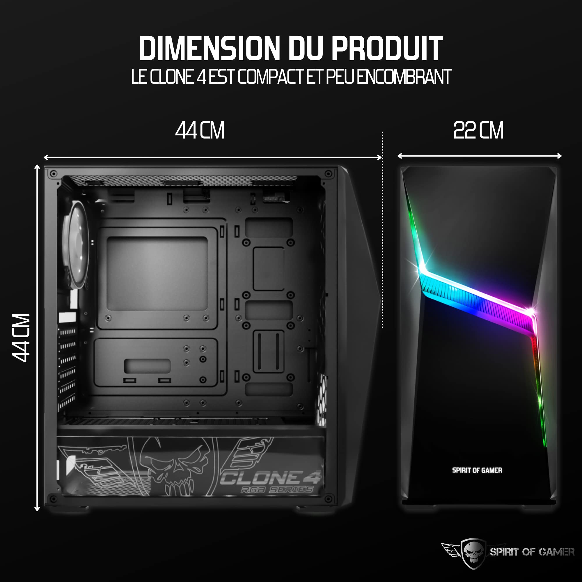 Spirit Of Gamer - Clone 4 - Boitier PC Gamer RGB avec Paroi Transparente en Verre Trempé - Créez Votre PC Gaming - Tour Moyen Compatible ATX/MATX/ITX - 2 Ventilateurs 120mm Adressable Inclus (Noir)