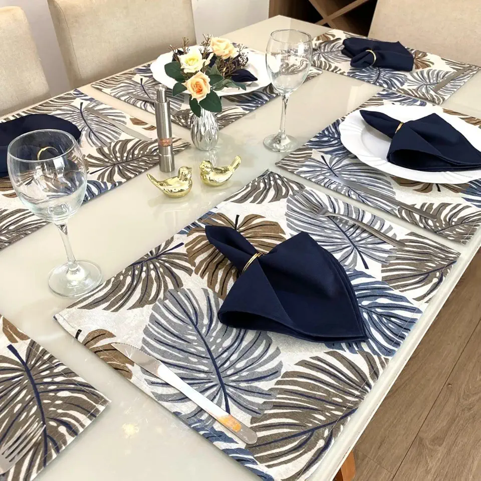 Jogo Americano Tecido 8 Un + 8 Guardanapos + 8 Porta Guardanapos (Costela Adão Azul Guard Azul Marinho)