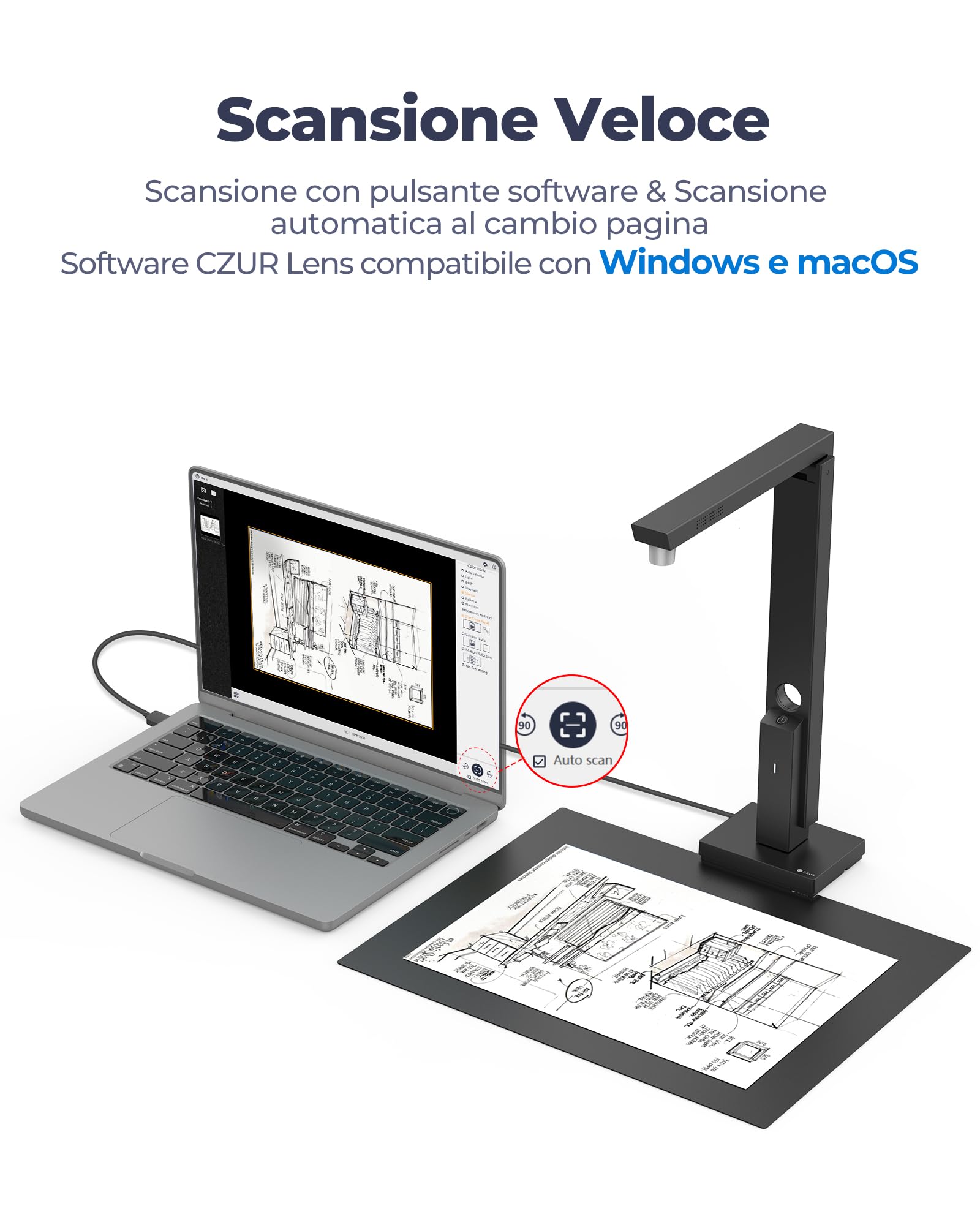 CZUR Lens 1200 Pro Scanner Documenti 12MP Alta Risoluzione A4 330DPI Multilingue OCR Windows macOS
