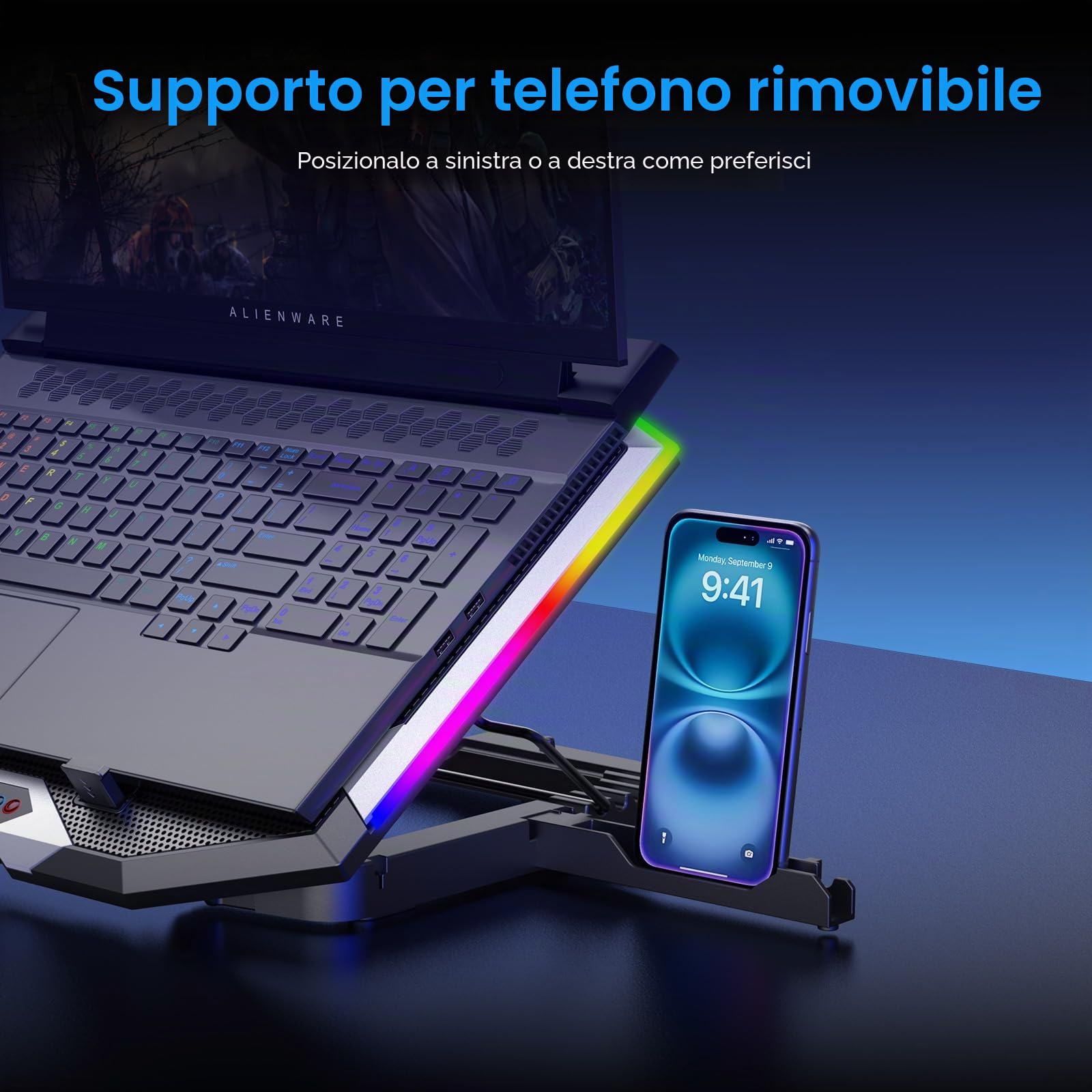 ICE COOREL Tappetino di raffreddamento per laptop da gioco con 8 ventole di raffreddamento, pad di raffreddamento RGB per laptop da 15-17,3 pollici, supporto per laptop con 6 altezze regolabili, pad