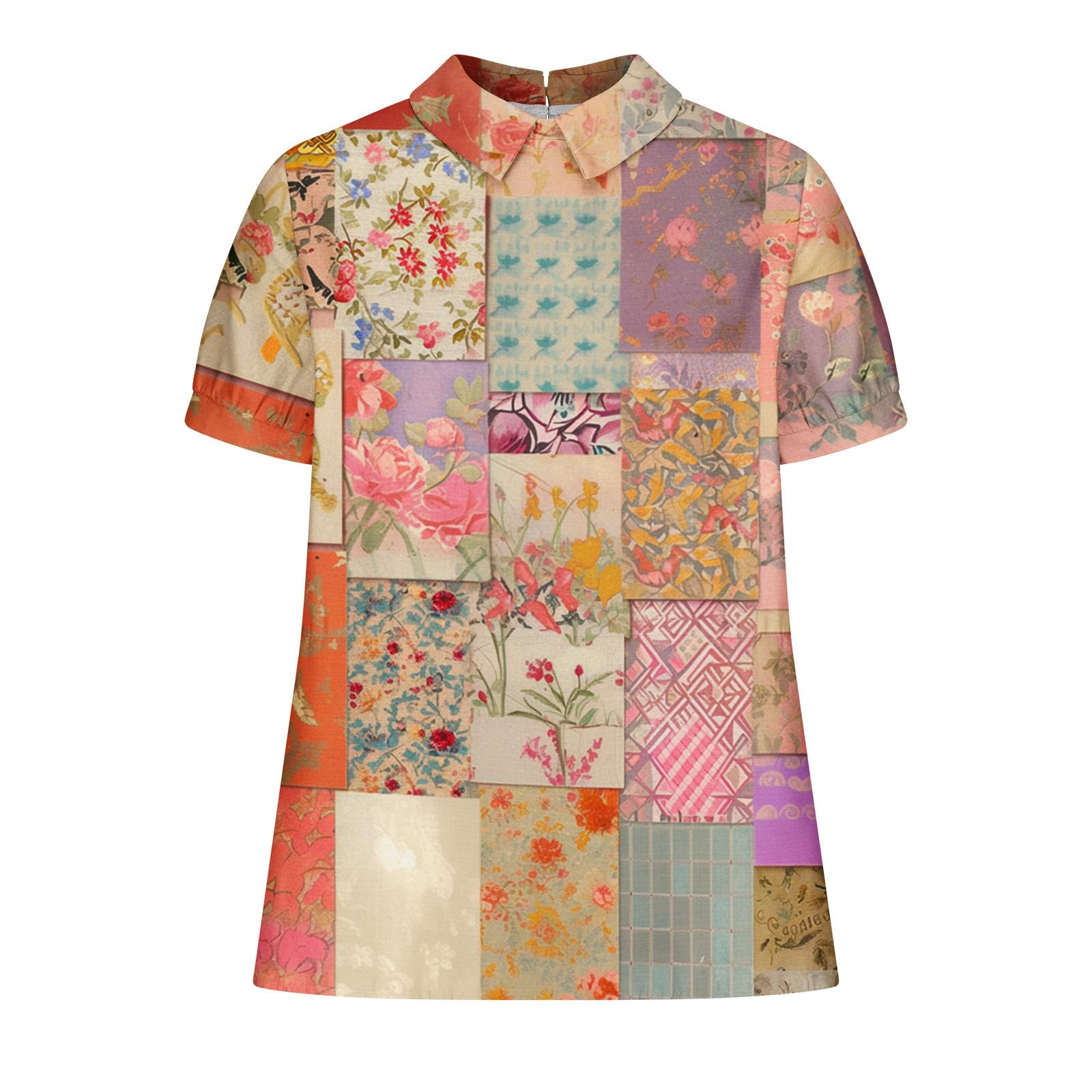 Tunique Femme Vintage Coton et Lin Blouse Imprimé Fleurs T-Shirt Col Claudine Chemisier Été Hauts à Manches Courtes Grande Taille Revers Chemise Léger et Respirant Blouse
