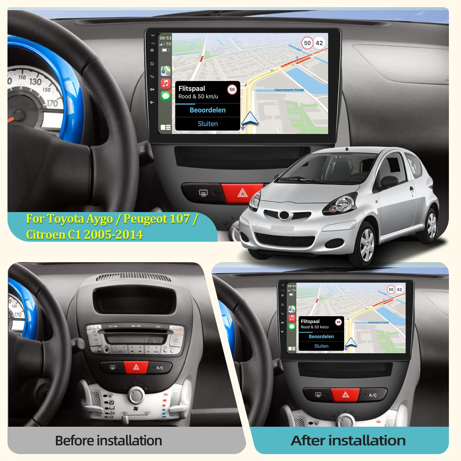 8 Core 2G 64G] Autoradio voor Toyota Aygo/Peugeot 107/Citroen C1 2005-2014, 10 inch Android 13 Touchscreen Stereo, Apple Carplay/Android Auto/1280 * 720 IPS/32 EQ DSP Audio/WiFi/SWC/Bluetooth