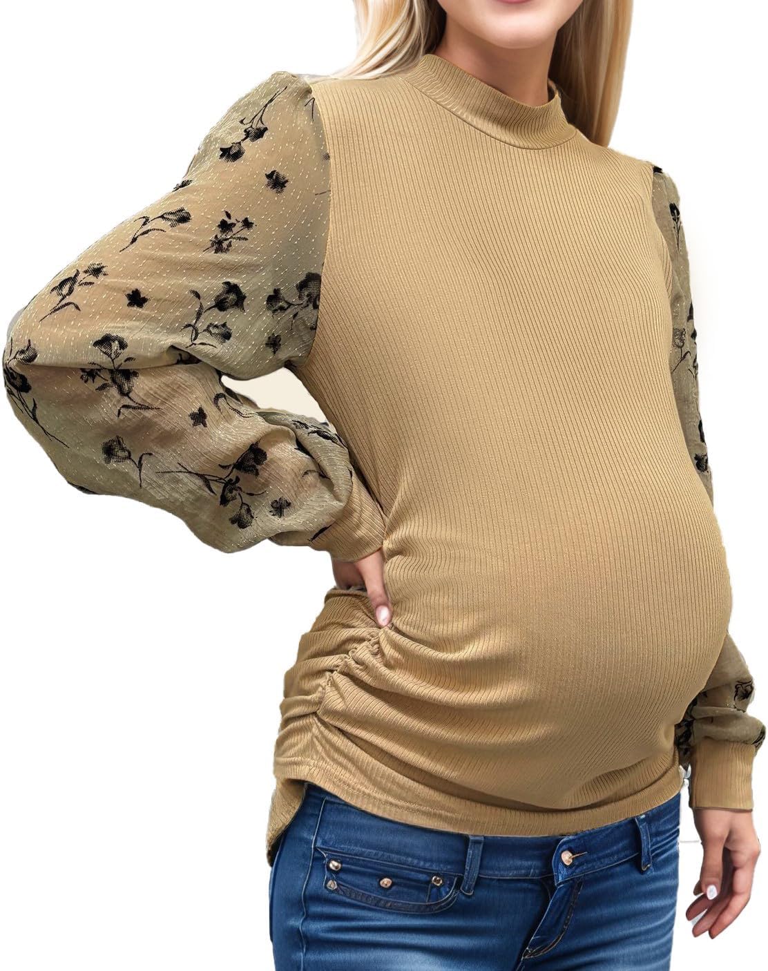 Womens Maternity Shirt Floral Sleeve Mock Neck Pregnancy Clothes 2025 Fall Tops Ribbed Knit Blouses - Image 2