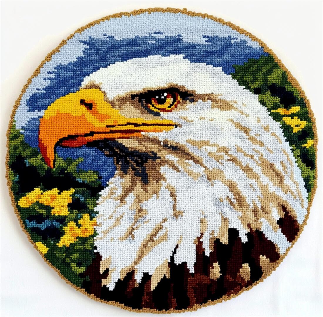 Rqwybcaxn S Diy Latch Hook Rug Kit For Beginner Animal Crochet Tarter Kit Eagle Portrait 60X60cm Round Tapestry With Crochet Hook Bedroom Craft Gift