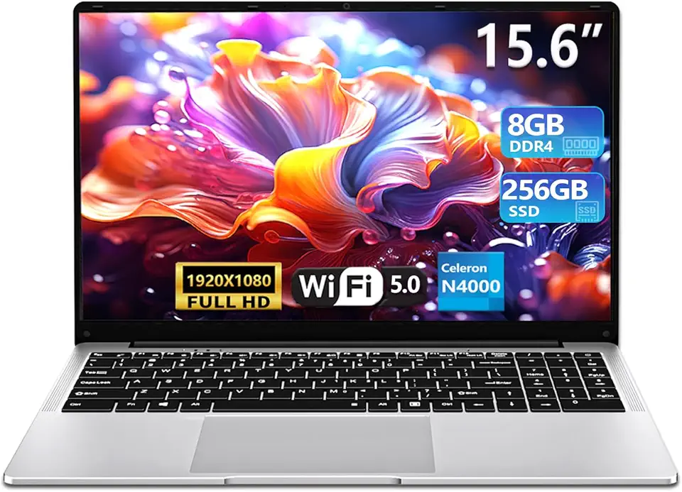 Laptop para jogos, laptops tradicionais de 15,6 polegadas N4000, laptop com 8 GB de RAM, SSD de 256 GB, Netbook WiFi 5 Mini-HDMI abertura de ângulo 180 BT5.0, USB3.0, laptop fino e leve para