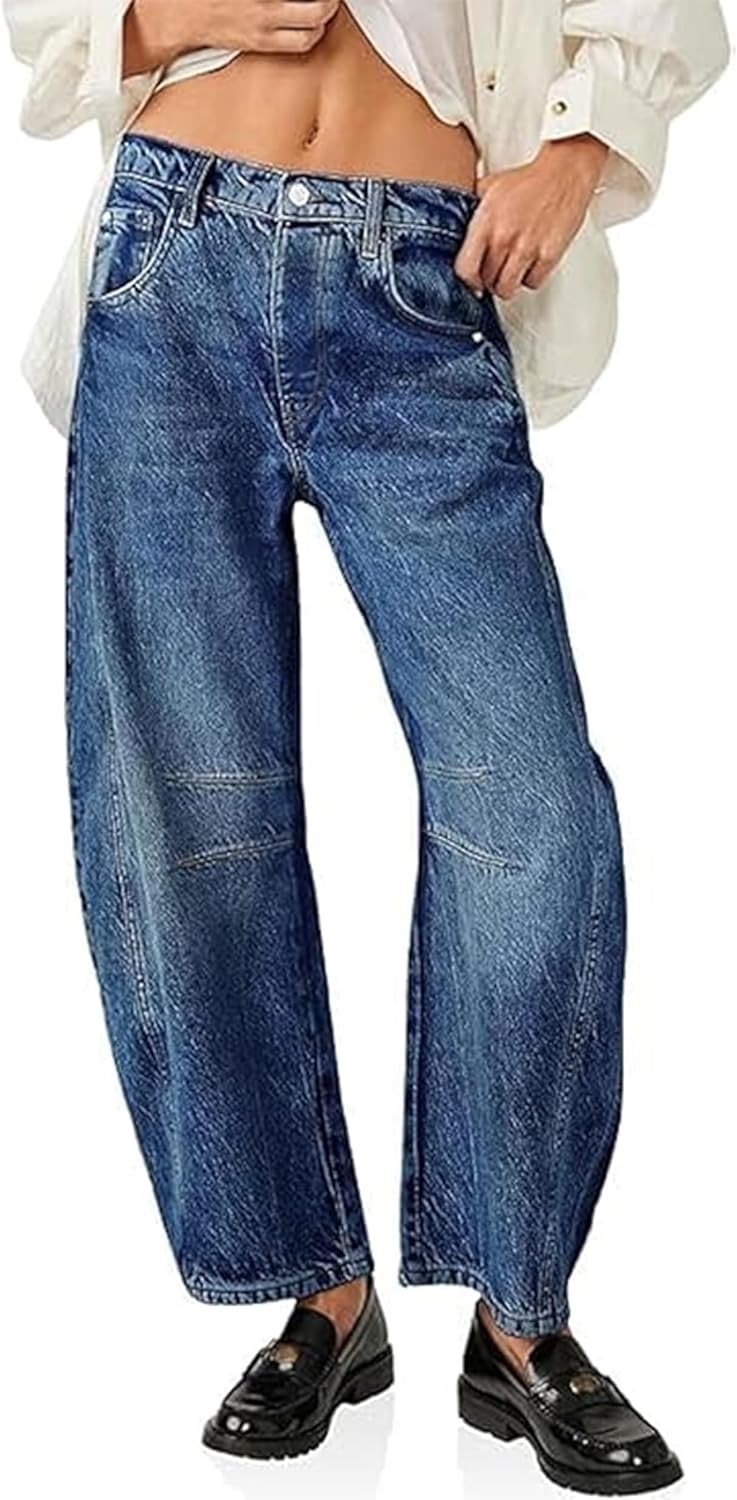 HUNGSON Women's Barrel Jeans Wide Leg Mid Rise Loose Y2k Baggy Boyfriend Jeans(Runs Small, Order Two Size Up 2 Dark Blue