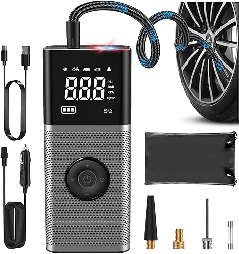 Vondior Compresor de aire portátil mejorado para inflador de neumáticos con medidor de presión digital, bomba de aire inalámbrica de 150 PSI con