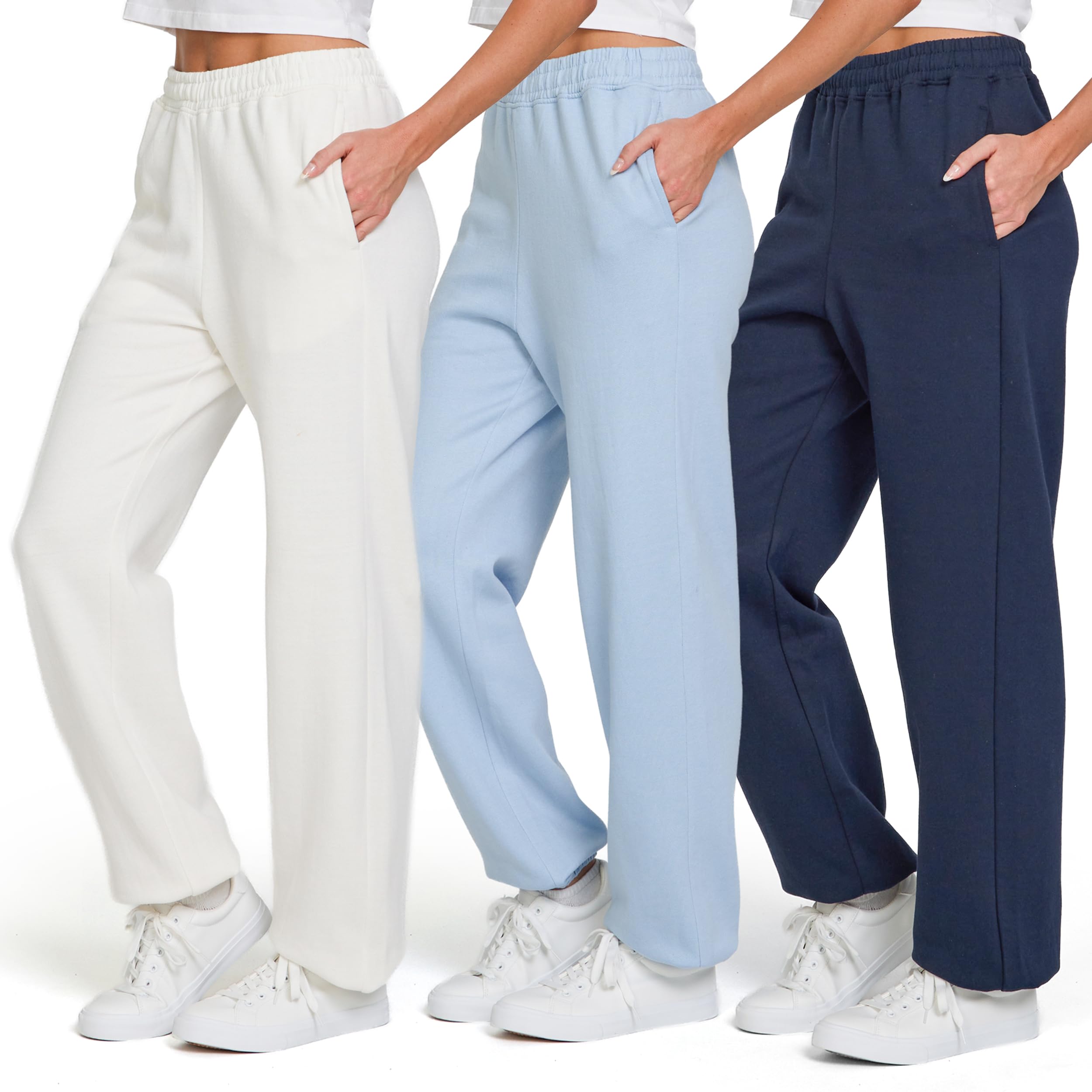 ultra performance 3 pack womens wide leg sweatpants, fleece baggy joggers with pockets, elastic waist lounge pants for women, soft lightweight breathable - white, mist, navy