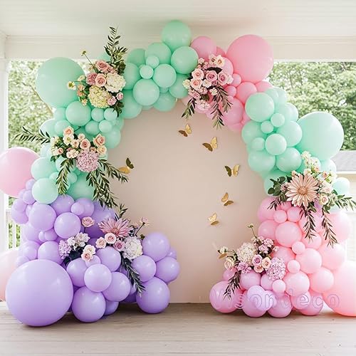 Kit de arco de globos rosa, morado y verde menta, globos pastel de doble relleno con mariposas doradas para baby shower, cumpleaños de niña, tema de
