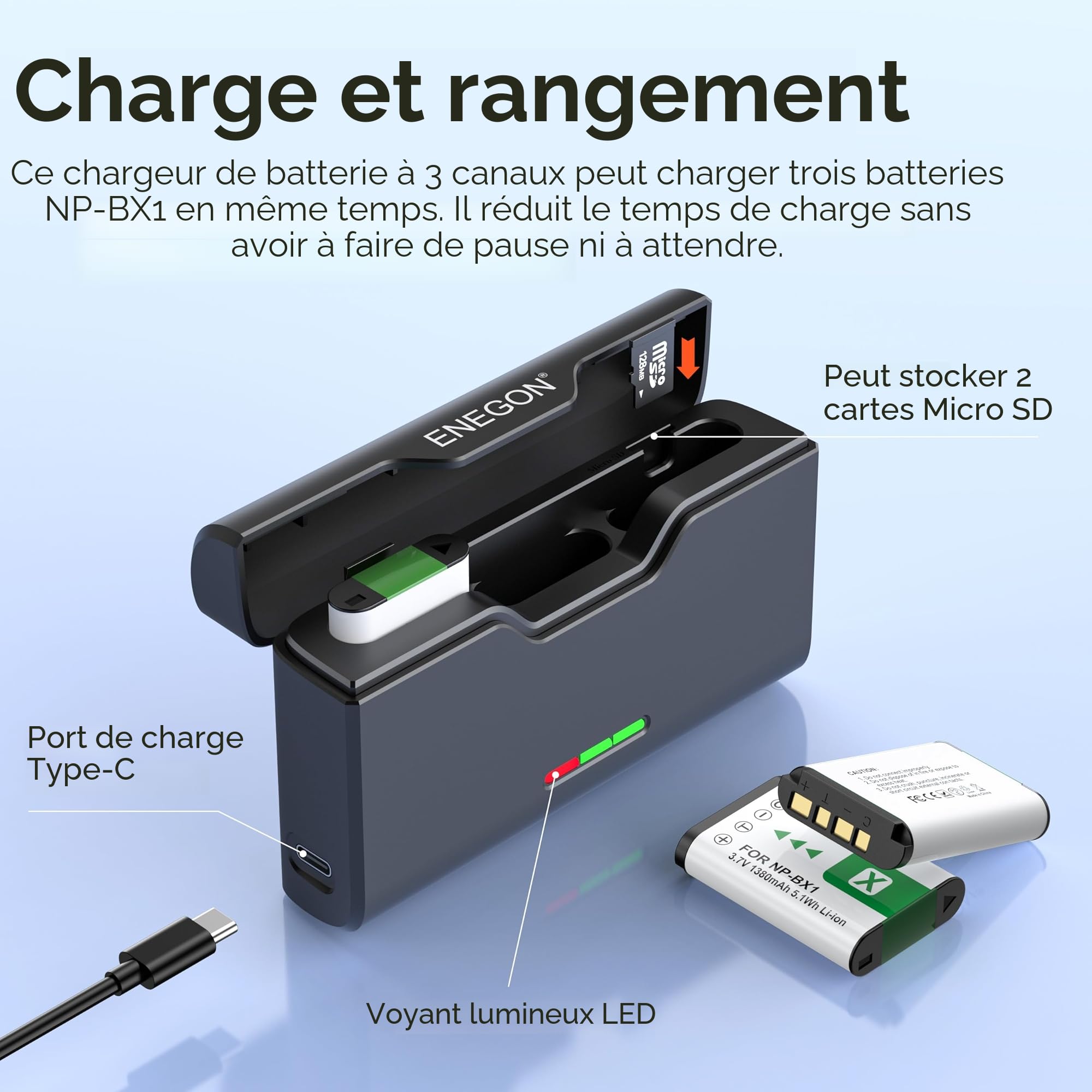 ENEGON Pack de 3 Batteries NP-BX1 1380mAh et Chargeur 3 canaux Compatible avec Sony NP-BX1, ZV-1, ZV-1 II, Cyber-Shot DSC-RX100, DSC-RX100 VII/VI/V/IV/III/II/VA (M7-M2), HDR-CX405, FDR-X3000, HX300