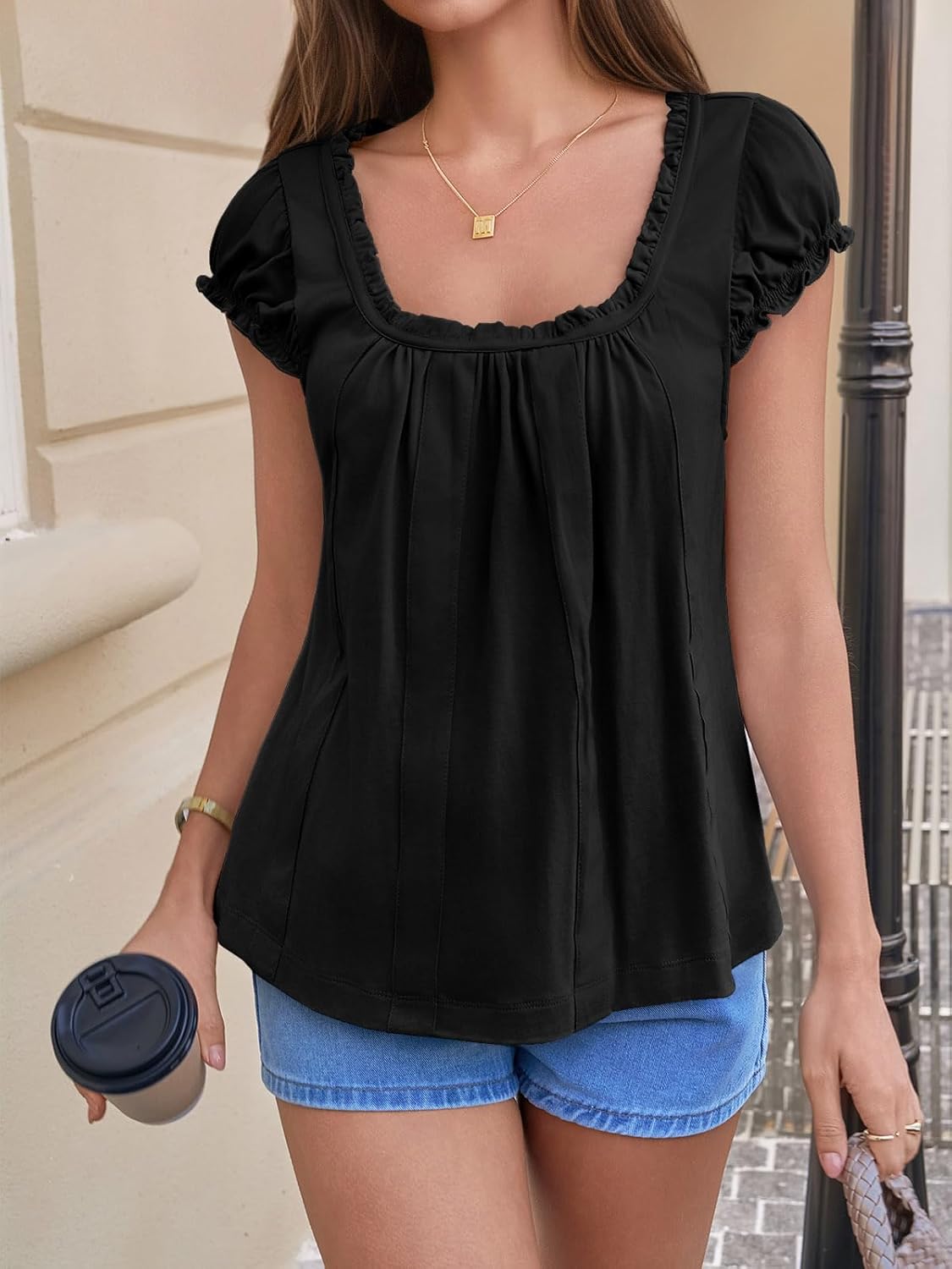 Tankaneo Womens Babydoll Tops Cap Puff Sleeve Ruffle Tank Tops Summer Scoop Neck Flowy Shirts Trendy Casual Pleated Blouse - Image 4