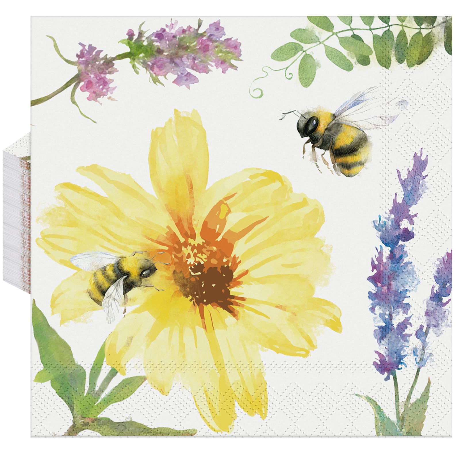Frienda 60 Pcs Bees Cream Summer Cocktail Paper Napkins 3-ply 5 x 5 Inch Disposable Beverage Napkins Decorative Birthday Decor for Baby Shower Wedding