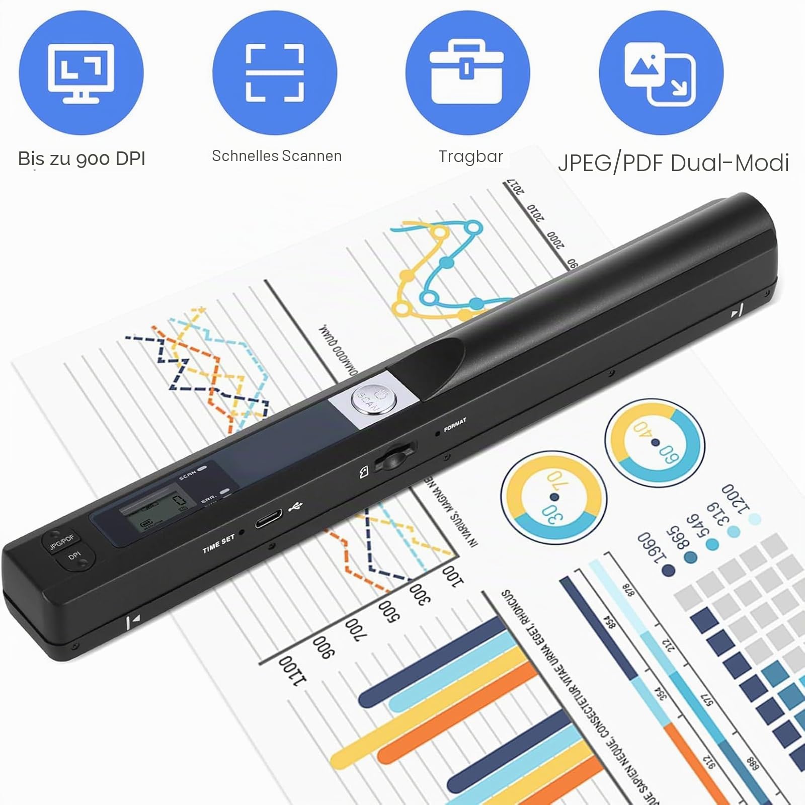 Tragbarer Dokumentenscanner, tragbarer Mini-Fotoscanner, 900 dpi, A4-Farbscanner, Hochgeschwindigkeitsscanner, USB wiederaufladbar, inklusive 16 GB SD-Karte