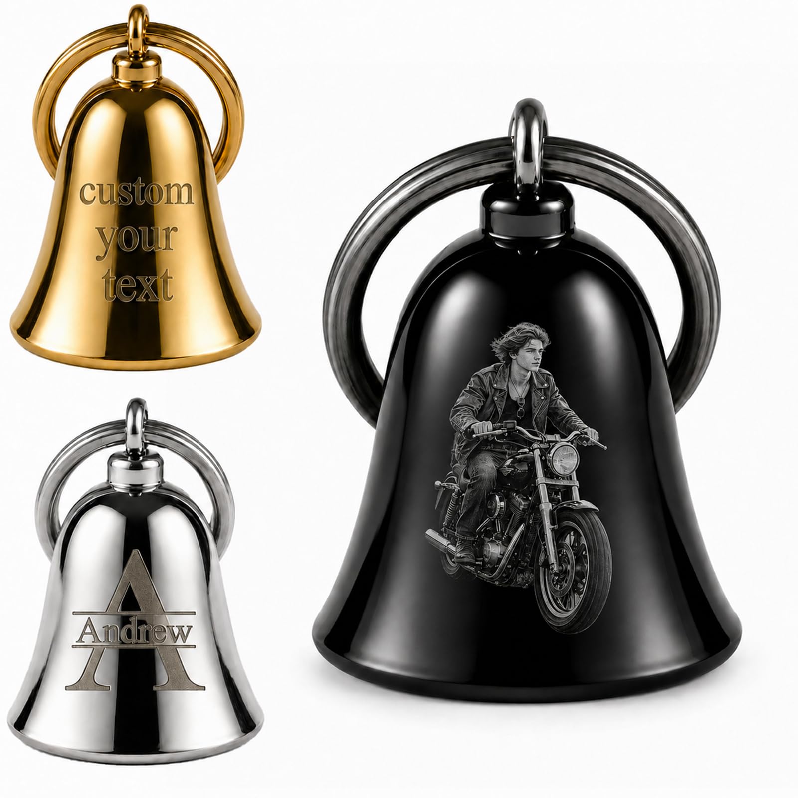 Personalized Motorcycle Bell, Custom Engraved Guardian Bell with Photo Text, Double-Sided Stainless Steel Biker Gifts for Men, Father's Day &amp; Birthdays