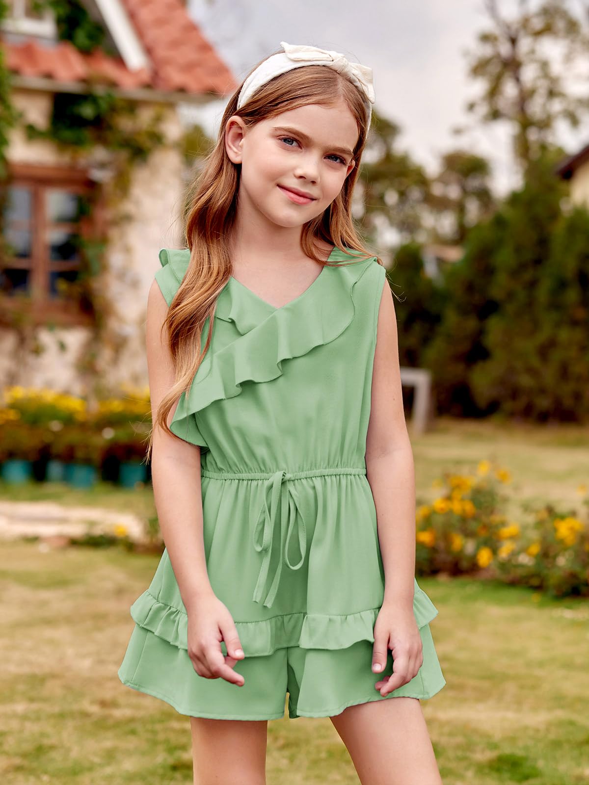 Haloumoning Tuta da bambina con orlo a volant, vestibilità larga, senza maniche, per bambini, estiva, casual, con tasche