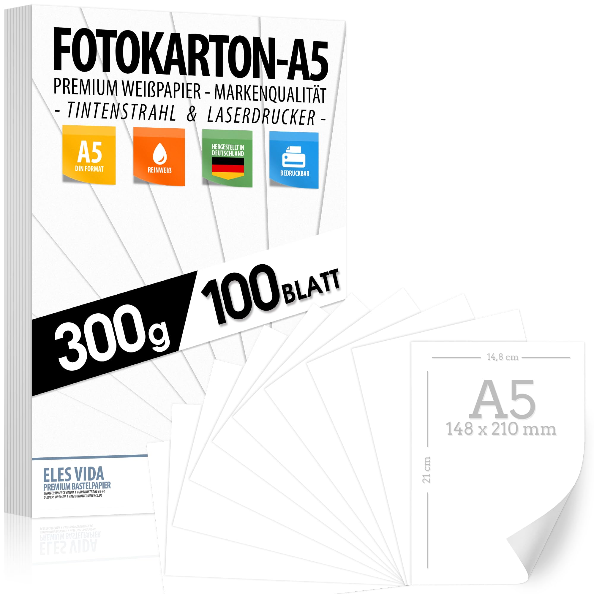 Fotokarton A5 WEISS 300g/m² Blanko- PREMIUM PAPIER Zeichenpapier - unbedruckt für Karteikarten, Präsentationen, Basteln, DIY Dickes Papier - Für Uni Lernen Kindergarten, Karton MADE IN GERMANY