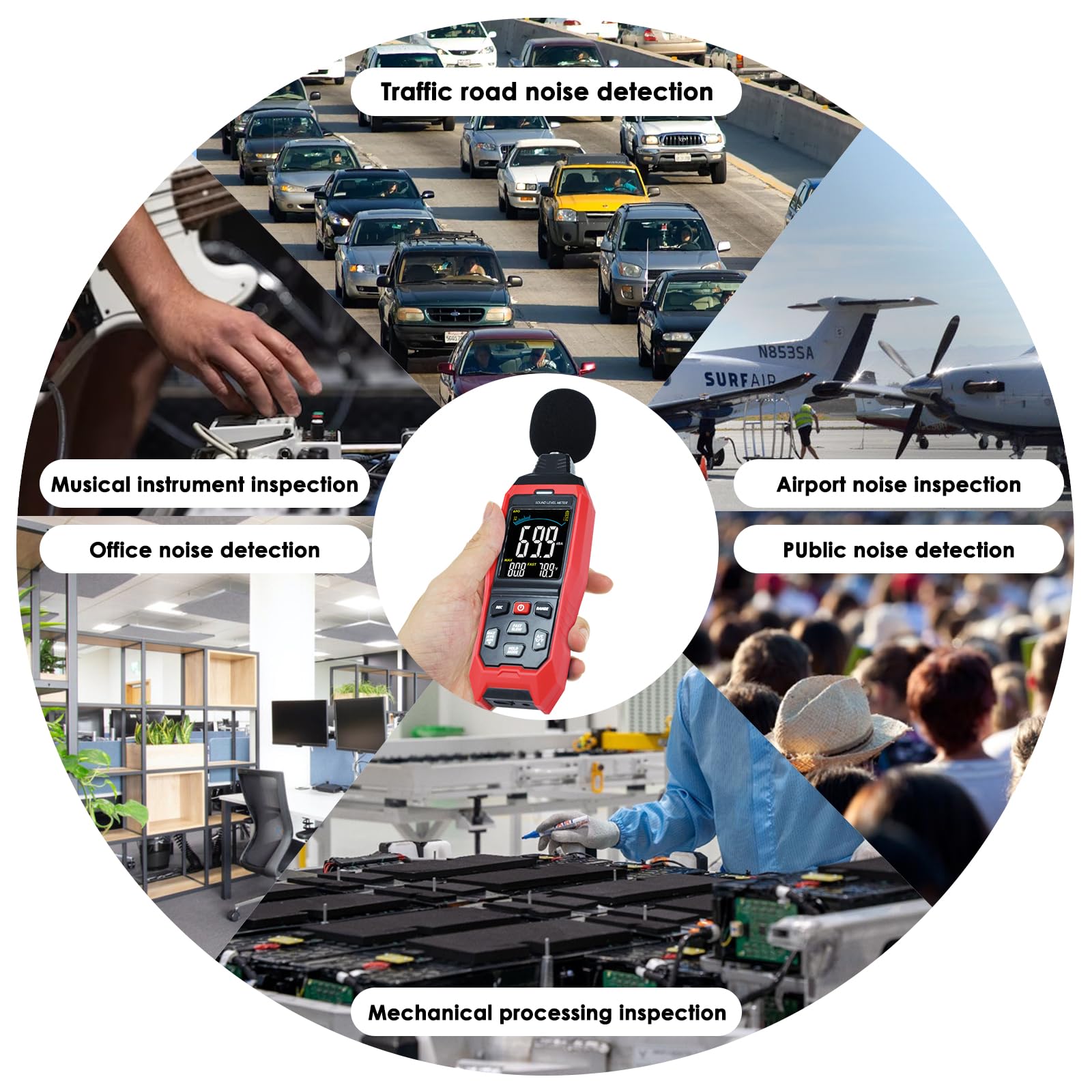 Decibel Datenmessgerät, großer LCD-Schallpegelmesser, A/C/Z Rauschmesser, Hochpräzises Tonmessgerät mit akustischem visuellen Alarm, schnelle / langsame Temperatur-Datenaufnahme