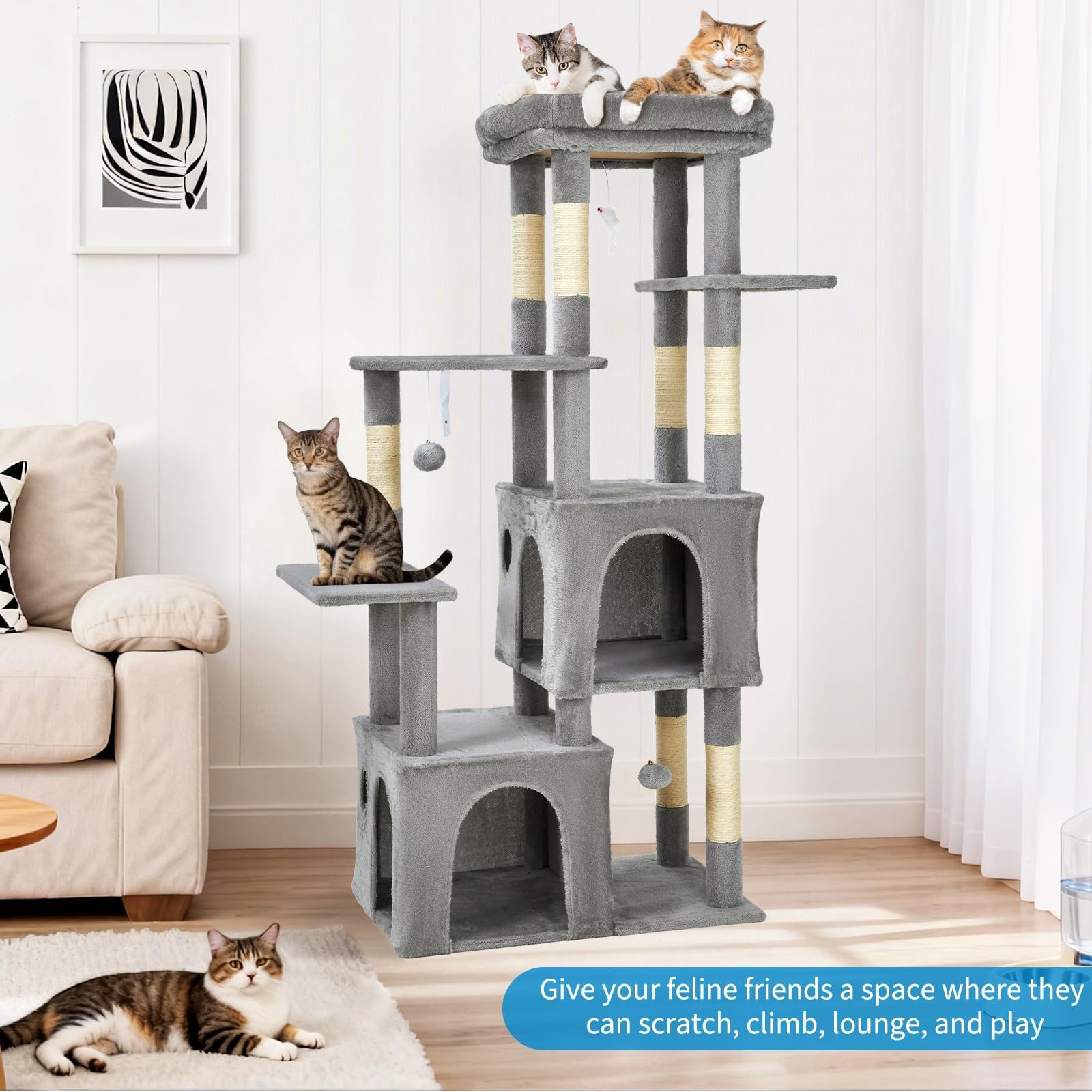 Árbol rascador de 156 cm, torre de escalada de varios pisos con 2 grandes cuevas para gatos, gran espacio de descanso superior, bolas de peluche extraíbles y kit antipuntas, área de actividad estable