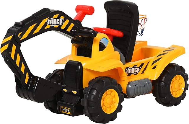 HOMCOM Kids Ride On Excavator Digger w/ Storage Basketball Net Steering NO POWER Wheel Vehicle Truck Toy