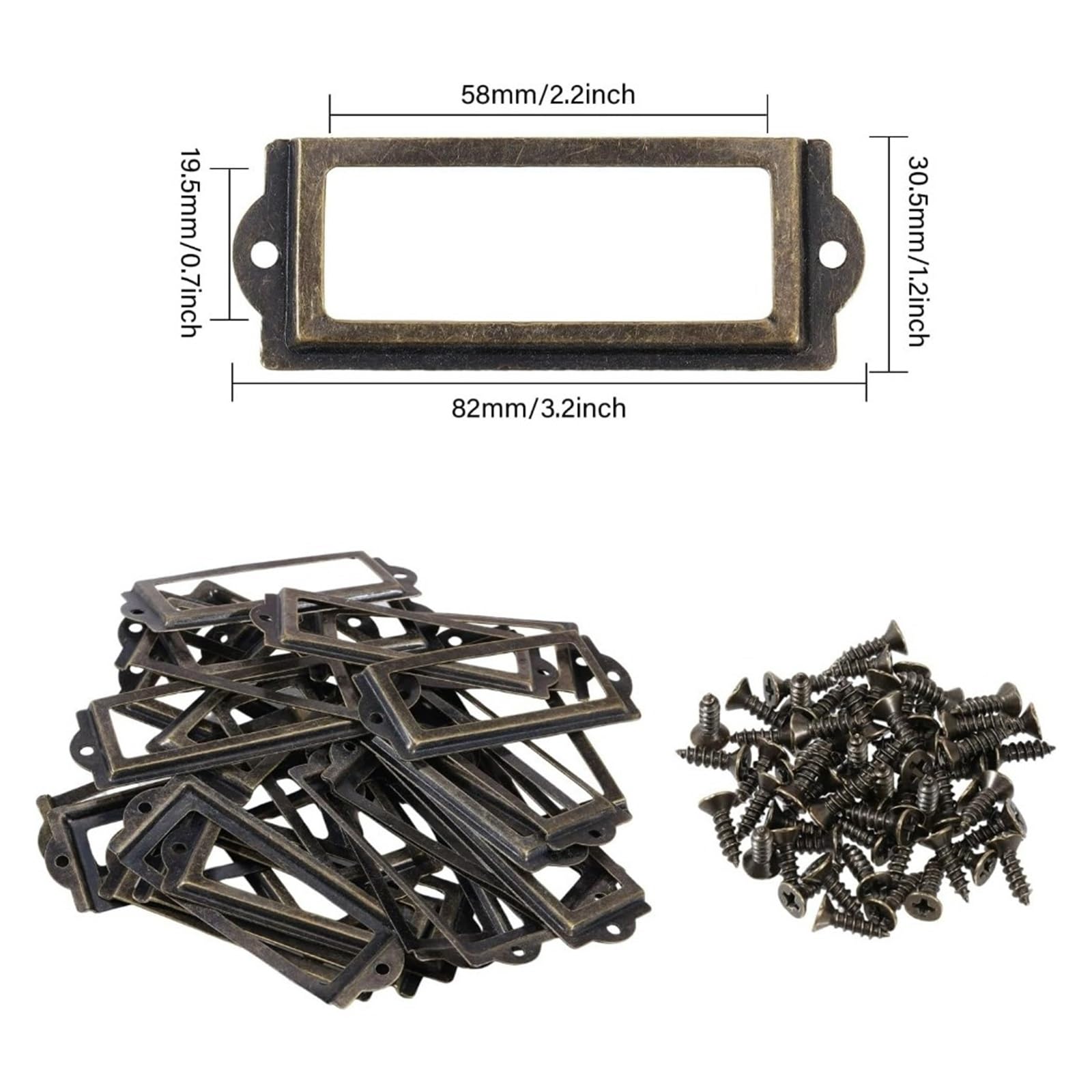 Porta etichette per cassetti, 100 pezzi, in ottone anticato, telaio in ferro con viti, per documenti, cassetti, armadietti, etichette, kit per ufficio, biblioteca, libreria, scaffali