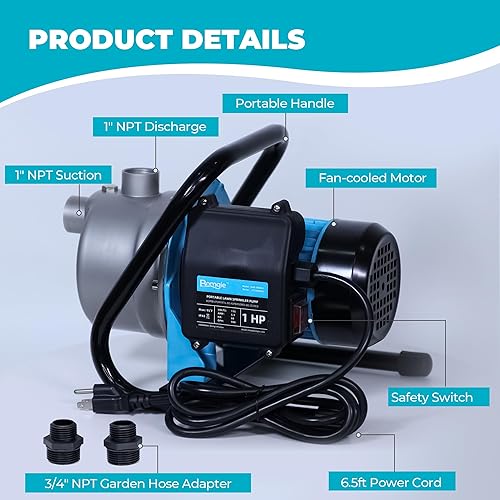 Miniatura 6 de Bomba portátil de pozo poco profundo de 1 HP, pequeña bomba de jardín de transferencia de agua, 980 GPH eléctrica de aspersor, riego de drenaje