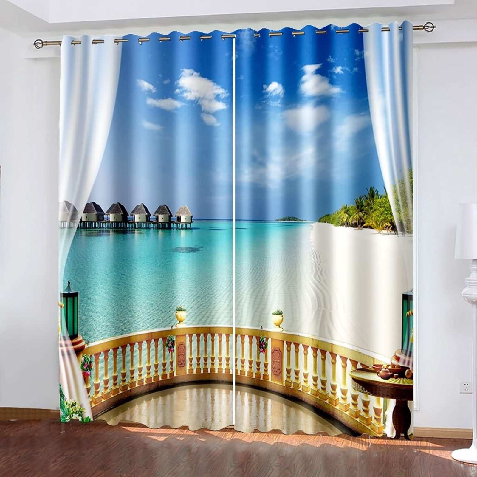 Voilage Fenetre Boheme, Rideau Chambre Retro Bleu Blanc Kaki Balcon Mer et Maisons de Vacances Polyester Lot de 2 304x244cm