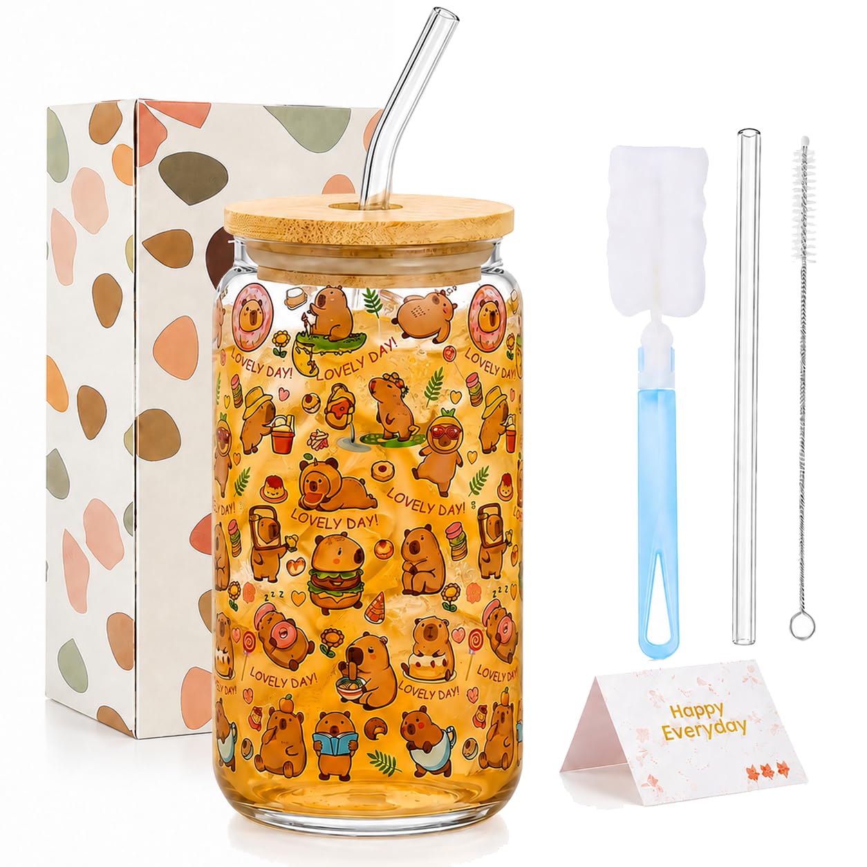 Nodrex Capybara Gifts for Women Girls, Colourful Capybara Cup with Lid and Straw, Glass Tumbler for Iced Coffee, Reusable Drinking Glass, Cute Coffee Cup Gift Box (Multicolor, Capybara B)