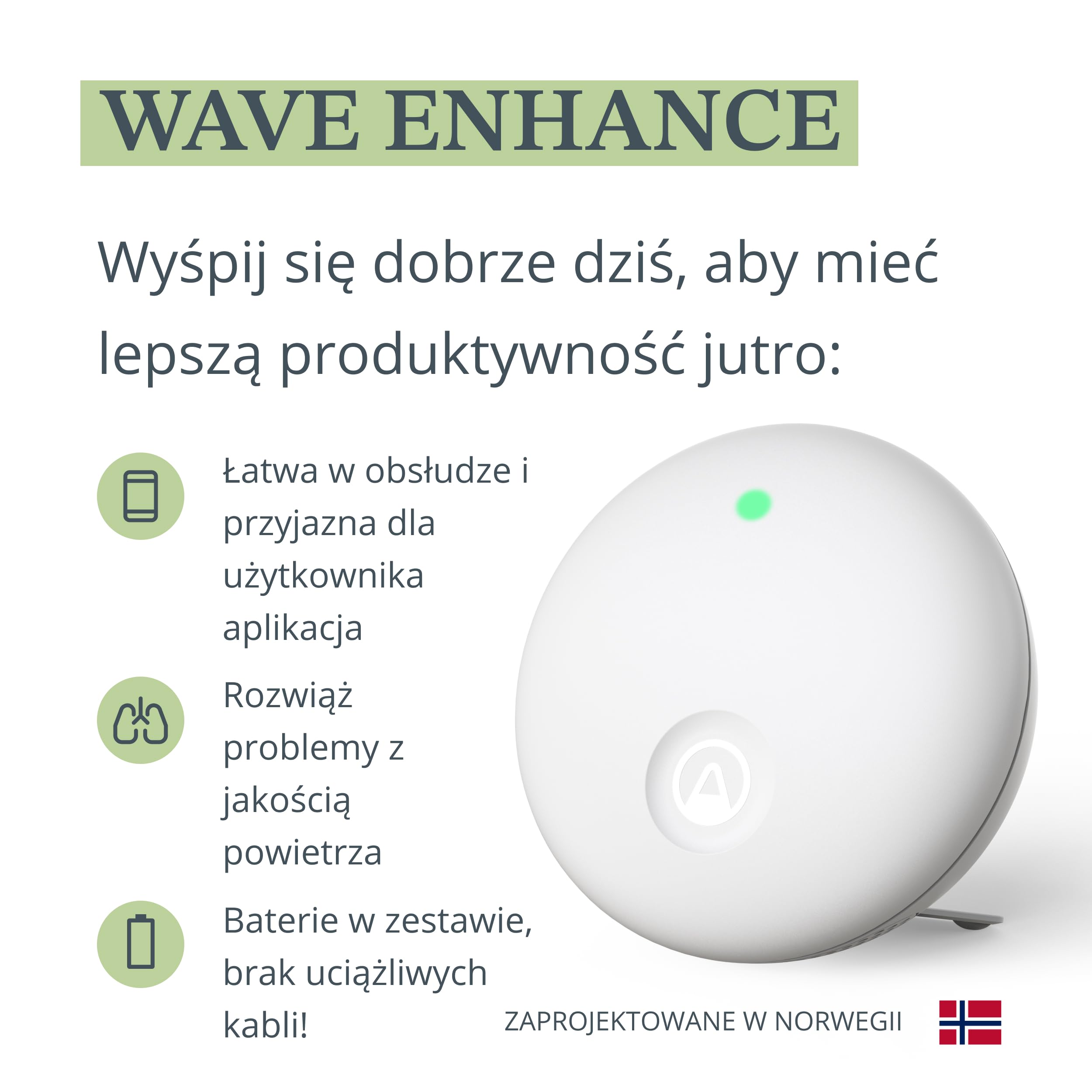 Airthings 321 Wave Enhance monitor jakości powietrza CO2 VOC wilgotność temperatura ciśnienie hałas światło