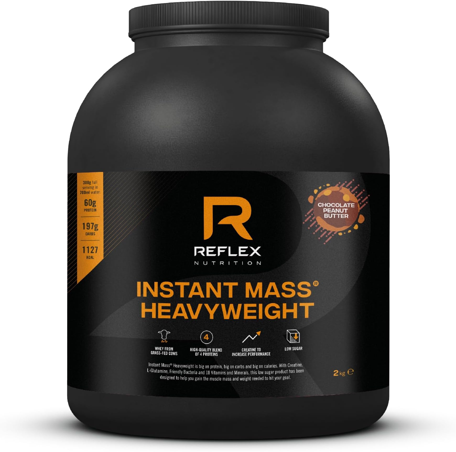 Instant Mass Heavyweight Protein Shake Mix, Mass Gainer, Over 1000 Kcal per Serving, 60 g Protein, Creatine, High Calorie Post Workout or Before Bed, Chocolate Peanut Butter, 2 kg