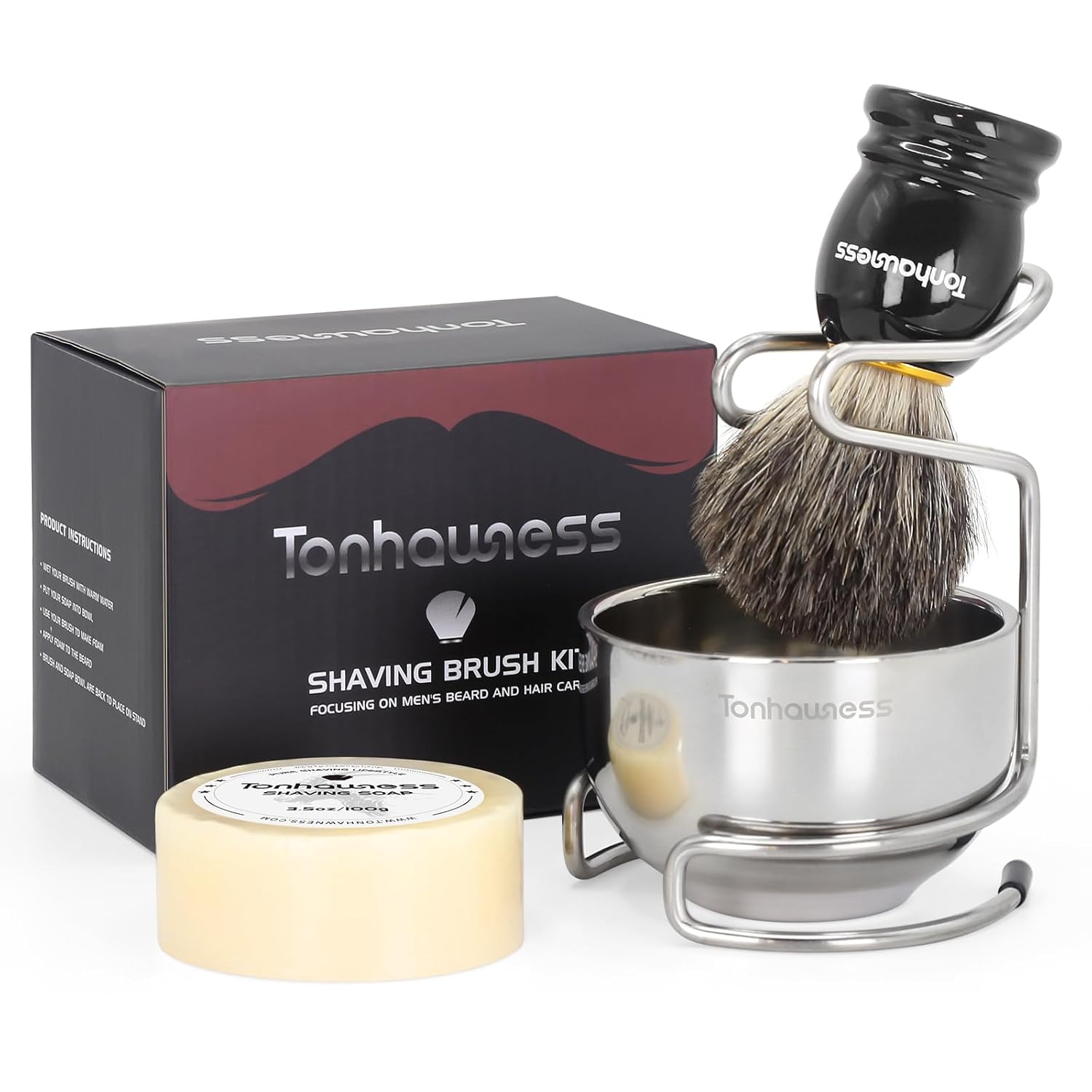 Shaving Brush Kit for Men, 4 in 1 Shaving Brushes Set Includes Badger Hair Shave Brush, Shaving Bowl &amp; Stand and Shaving Soap Kit for Men’s Shave Gift
