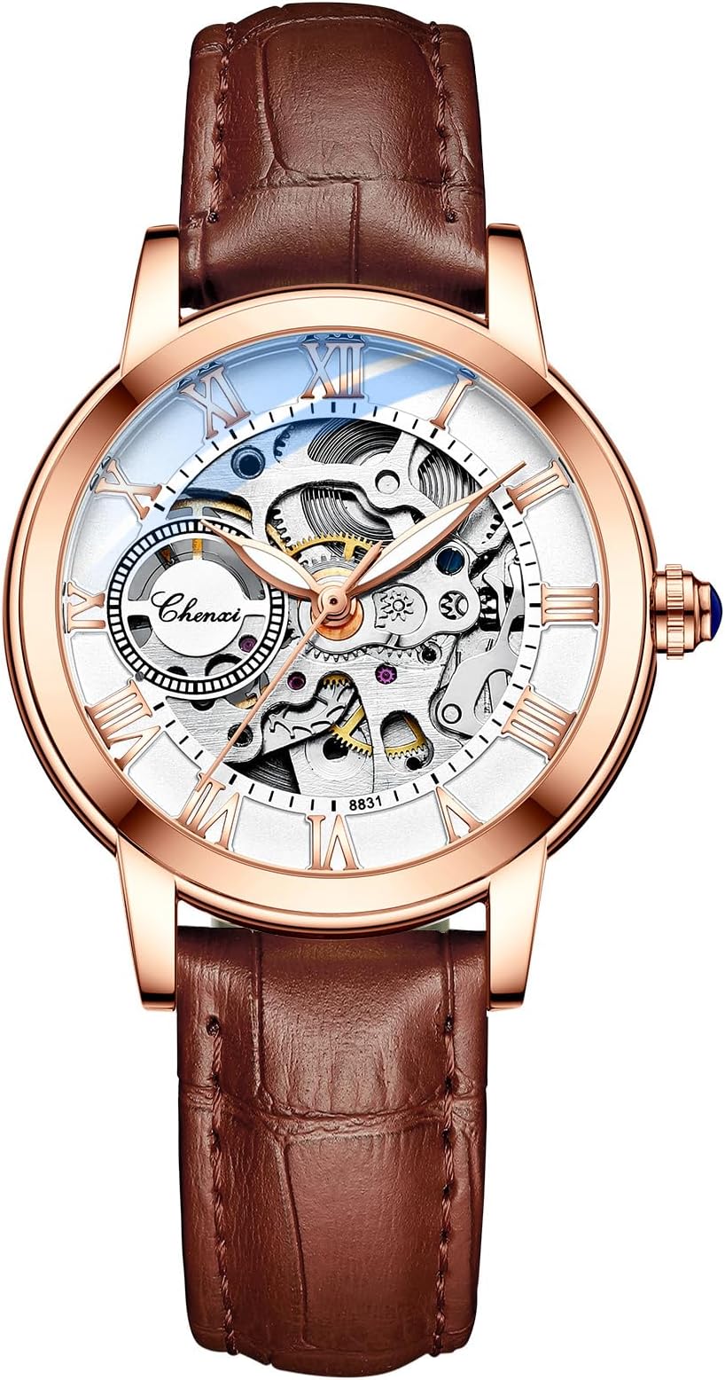 Women's Sapphire Watches Automatic Steampunk Self Winding Mechanical Gold Bracelet Ladies Skeleton Wrist Watch Leather Strap for Ladies Famale
