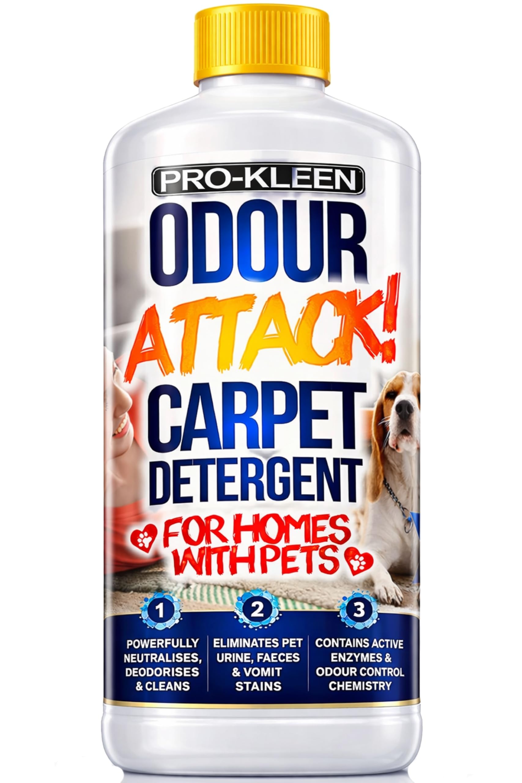 Pro-Kleen Odour Attack Pet Carpet Cleaner 1L - Contains Active Enzymes to Digest Urine Proteins from Dogs Cats Humans, Eliminates Urine, Faeces & Vomit Stains, All Carpet Types,