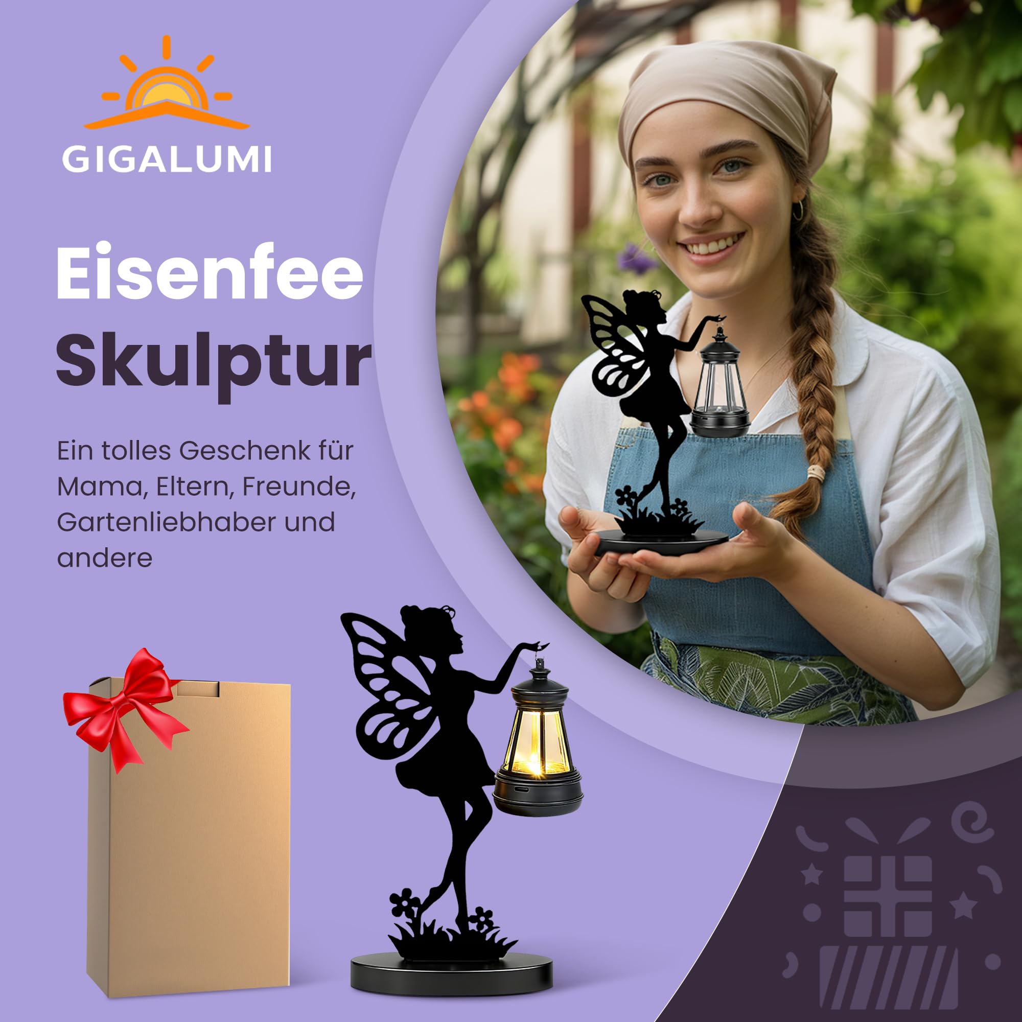 GIGALUMI Eiserne Feenstatue, Gartenornamente, für den Außenbereich mit solarbetriebenen Lichtern, wasserdichte Gartenstatue, Dekorationen für Terrasse, Hof, einzigartig für Mutter（2 Stück）
