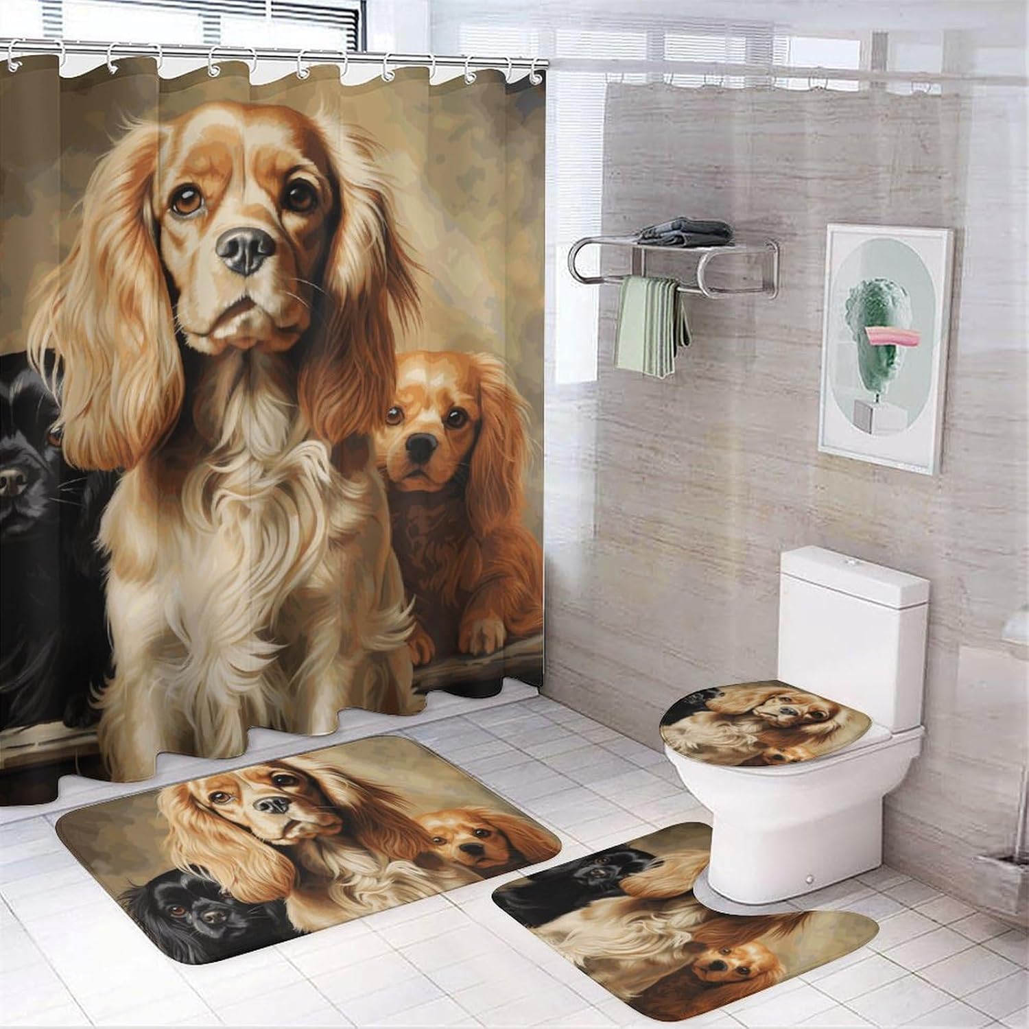 Cocker Spaniel Shower Curtain Set 4 Piece, Non-Slip Bath Mat with Toilet Lid Cover and Waterproof Shower Curtain with 12 Hooks, Complete Bathroom Set for Home Decor