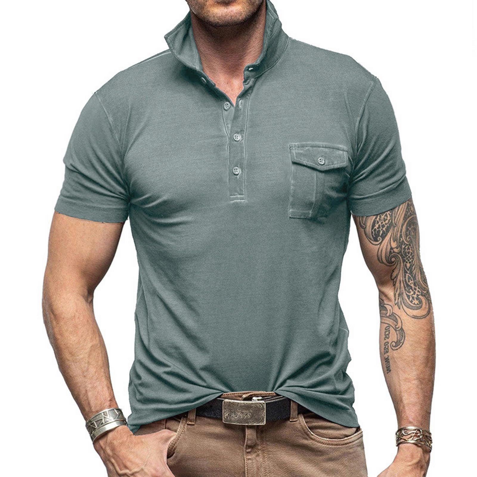 Męskie T-shirty Męskie Koszule Stretch Casual Sport Shirt Krótki Rękaw Z Klapką Przycisk Podwójna Plisa Piersi Kieszonka-Szary-L