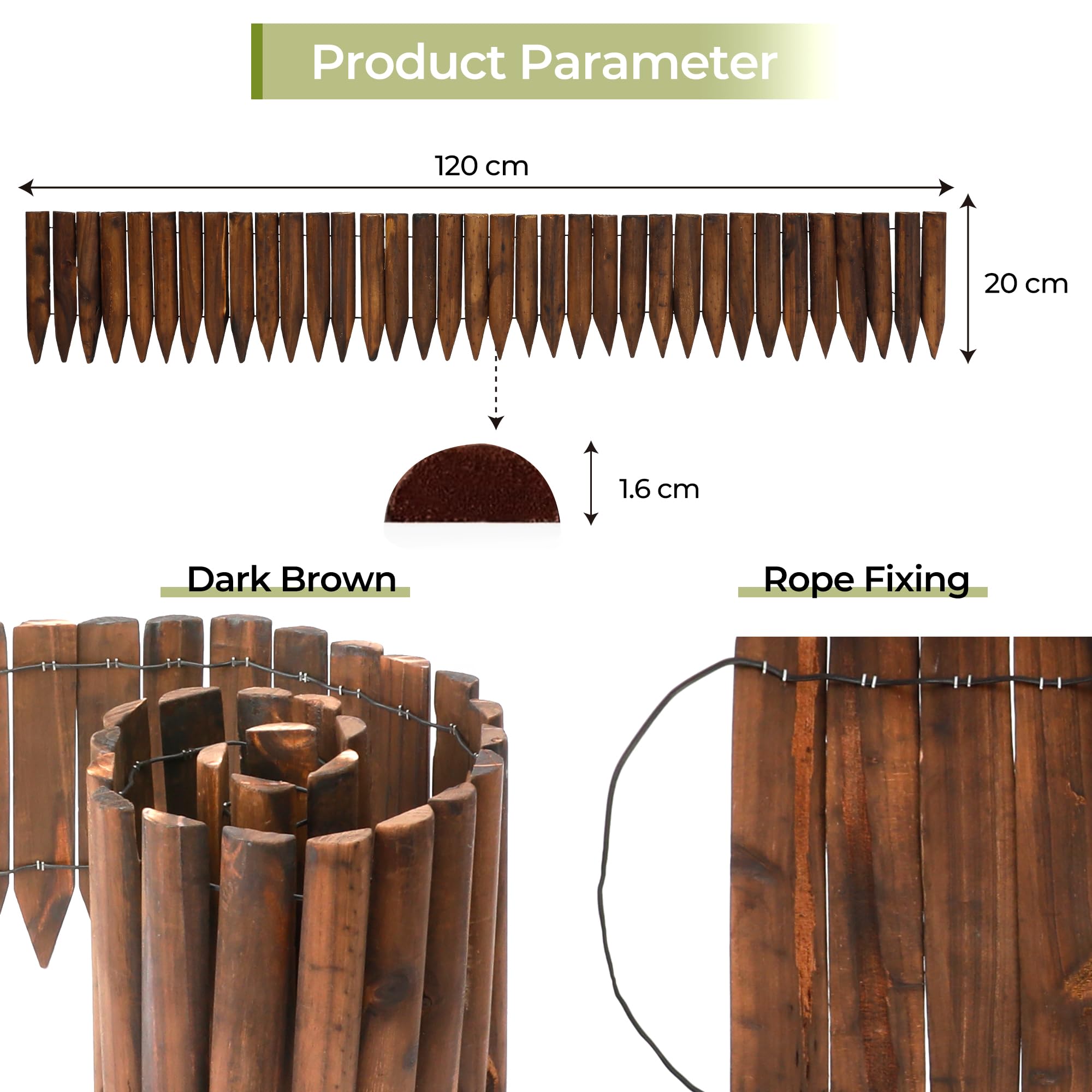 Razenkante Holz Natur Holzzaun,Garten Rasenkante Holzkanten Flexibler Rollborder Rasenkante,Langlebiger Wooden Beeteinfassung Gartenzaun Umzäunung 20x120cm, Dunkelbraun